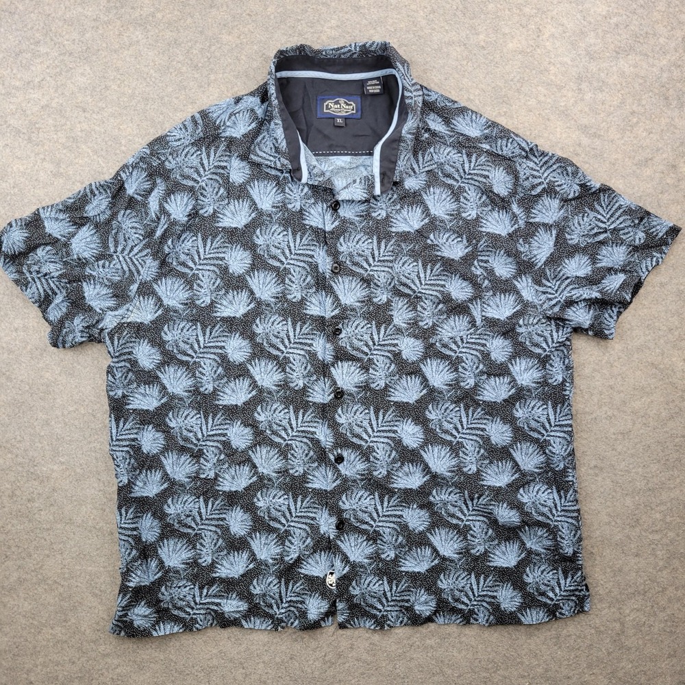 Nat Nast Shirt Mens XL Blue‎ Palm Leaf Silk Cotton Button Front Short Sleeve